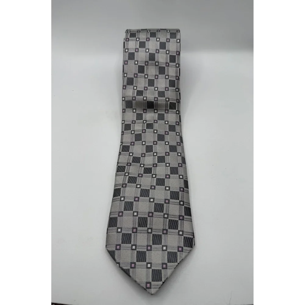 Nicole Miller Col. Men Grey Black Purple‎ Geometric Grid Woven Classic Necktie